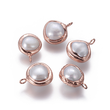Natural Cultured Freshwater Pearl Pendants, with Brass Findings, Nuggets, White, Rose Gold, 17~18.5x13~15x8~9.5mm, Hole: 2.5mm