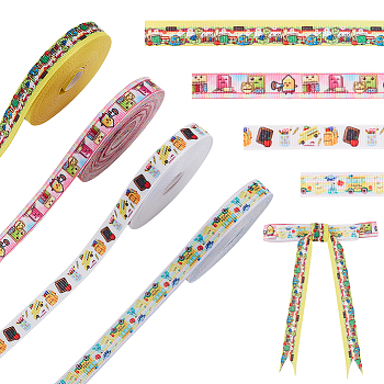 4 Bundles 4 Colors School Theme Single Face  Printed Polyester Ribbons, for Gift Wrapping, Party Decoration, Mixed Color, 3/8 inch(10mm), about 5 yards(4.57m)/bundle, 1 bundle/color