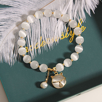 Cat Eye Round Beaded Bracelet with Cat Charms