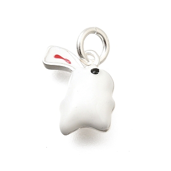 925 Sterling Silver White Enamel Charms, with Jump Rings and 925 Stamp, Silver Color Plated, Rabbit, 11x8x4mm, Hole: 3mm