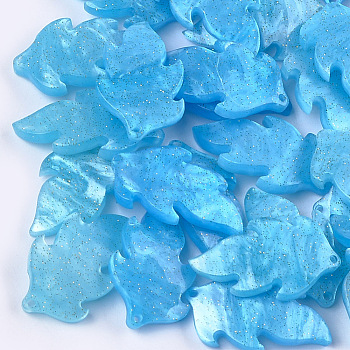 Cellulose Acetate(Resin) Pendants, Leaf, Deep Sky Blue, 25.5x15x4.5~5mm, Hole: 1.2mm
