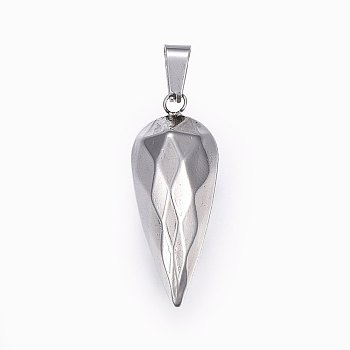 304 Stainless Steel Textured Pendants, Faceted Teardrop, Stainless Steel Color, 31x12x12mm, Hole: 8x4mm