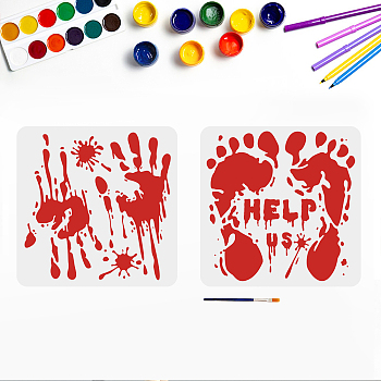 US 1 Set Halloween PET Hollow Out Drawing Painting Stencils, with 1Pc Art Paint Brushes, for Acrylic Painting Watercolor Oil Gouache, Bloody Hand & Footprint, Halloween Themed Pattern, Painting Stencils: 300x300mm, 2 styles, 1pc/style