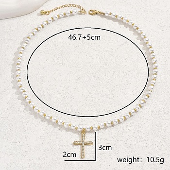 Fashionable Zinc Alloy Cross Pendant Necklaces, Imitation Pearl Beaded Necklaces for Women, Golden, White, 18.39 inch(46.7cm)