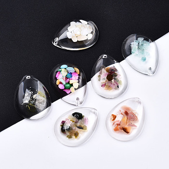 Transparent Glass Pendants, with Shell & Gemstone Chip Beads inside and Epoxy Resin Bottom, Teardrop, Mixed Color, 35x25.5x10mm, Hole: 1.8mm