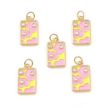 Eco-Friendly Brass Micro Pave Clear Cubic Zirconia Pendants, with Enamel and Jump Ring, Lead Free & Cadmium Free, Rectangle with Flower, Real 18K Gold Plated, Pink, 18x10.5x2mm, Hole: 3.5mm