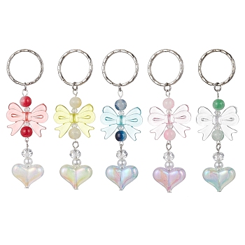 Acrylic Heart with Bowknot Keychains, with Glass Beads and Iron Keychain Clasp, Mixed Color, 9.4cm