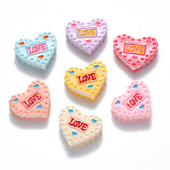 Resin Decoden Cabochons, for Valentine's Day, Heart Shaped Biscuit, with Word LOVE, Mixed Color, 16x19x5~6mm
