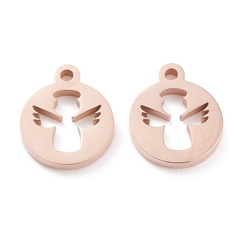 Ion Plating(IP) 304 Stainless Steel Charms, Laser Cut, Flat Round with Angel, Rose Gold, 13x11x1.5mm, Hole: 1.4mm
