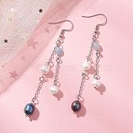 Oval Natural Aquamarine & Natural Cultured Freshwater Pearl Dangle Earrings, with 304 Stainless Steel Earring Findings, Stainless Steel Color, 84.5x12mm(EJEW-JE06876)