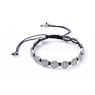 Adjustable Nylon Thread Braided Bead Bracelets, with Tibetan Style Alloy Flat Round Beads and 304 Stainless Steel Beads, Saint Benedict Medal, Antique Silver, Inner Diameter: 2-3/8 inch~3-7/8 inch(6.1~10cm)(BJEW-JB05178)