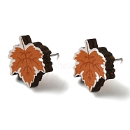 Wood Stud Earrings, with 316 Surgical Stainless Steel Pin, Thanksgiving Theme, Silver, Chocolate, Leaf, 16x14.5mm(EJEW-Z054-01L)