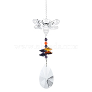 Teardrop Glass Hanging Suncatcher Pendant Decoration, Crystal Ceiling Chandelier Ball Prism Pendants, with Stainless Steel Findings, Bees, 350mm(DJEW-PW0008-04D)