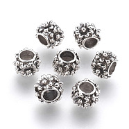 Cadmium Free & Nickel Free & Lead Free Alloy European Beads, Long-Lasting Plated, Large Hole Beads, Rondelle with Flower Pattern, Antique Silver, 10x7mm, Hole: 5mm(PALLOY-J218-199AS-NR)