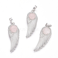 Natural Rose Quartz Pendants, with Platinum Tone Brass Findings, Wing, 47x16x7.5mm, Hole: 7x5mm(G-L512-P12)
