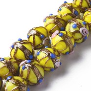 Handmade Gold Sand Lampwork Beads Strands, Round with Flower, Yellow, 13~15x11~13mm, Hole: 1.6mm, about 45pcs/strand, 20.47 inch~21.06 inch(52cm~53.5cm)(LAMP-T017-05A)