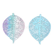 Spray Painted Brass Filigree Pendants, Etched Metal Embellishments, Leaf Charms, Colorful, 42.5x29x0.4mm, Hole: 1.2mm(KKC-T001-52)