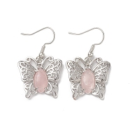 Natural Rose Quartz Butterfly Dangle Earrings for Women, Platinum Brass Jewelry for Women, Cadmium Free & Lead Free, 38mm, Pin: 0.6mm(EJEW-E283-01P-04)