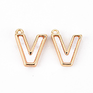 Brass Charms, with Shell, Real 18K Gold Plated, Nickel Free, Letter.V, 10.5x9x2mm, Hole: 0.9mm(KK-Q766-001V-NF)