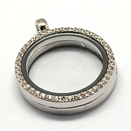 Flat Round Alloy Glass Magnetic Locket Pendants, Photo Frame Living Memory Floating Charms, with Rhinestones, Platinum, 36.2x29.5x7mm, Hole: 3.5mm, Inner Measure: 22.2mm(PALLOY-S046-03P)