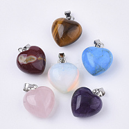 Natural & Synthetic Mixed Gemstone Pendants, with Stainless Steel Snap On Bails, Heart, Stainless Steel Color, 17~18x15x10~11mm, Hole: 3x5.5mm(G-S349-03)