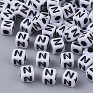 White Opaque Acrylic Beads, Horizontal Hole, Cube with Black Alphabet, Letter.N, 4~5x4~5x4~5mm, Hole: 1.8mm, about 240pcs/20g(X-MACR-R869-02N)