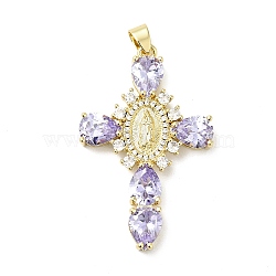 Rack Plating Brass Micro Pave Cubic Zirconia Pendants, Cadmium Free & Lead Free, Real 18K Gold Plated, Cross with Saint, Lilac, 45.5x29x6mm, Hole: 4x6mm(X-ZIRC-I059-15G-05)