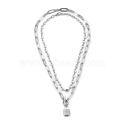 304 Stainless Steel Coffee Bean Chain Necklaces and  Pendant Necklaces Sets, with Brass Micro Pave Cubic Zirconia Lock Pendants, Stainless Steel Color, 15.75 inch(40cm), 19.02 inch(48.3cm), 2pcs/Set(NJEW-JN03083)