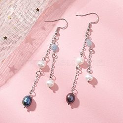 Oval Natural Aquamarine & Natural Cultured Freshwater Pearl Dangle Earrings, with 304 Stainless Steel Earring Findings, Stainless Steel Color, 84.5x12mm(EJEW-JE06876)