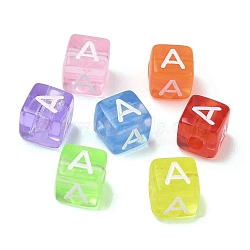 Spray Painted Transparent Acrylic Beads, Cube with Letter, Mixed Color, Letter A, 9.5x9.5x10mm, Hole: 3.8mm, about 570pcs/500g(MACR-K365-07A)