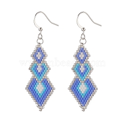 Glass Seed Braided Rhombus Dangle Earrings, Brass Long Drop Earrings for Women, Sky Blue, 56mm, Pin: 0.7mm(EJEW-MZ00029)