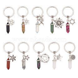 10Pcs Bullet Gemstone Pendant Keychain, with Alloy Mixed Star Pendant and 304 Stainless Steel Key Rings, 7.8~8cm(KEYC-AB00008)