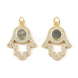 Brass Cubic Zirconia with Shell Pendants, Long-Lasting Plated, Lead Free & Cadmium Free, Hamsa Hand, Real 18K Gold Plated, 22x16.5x3mm(KK-K342-12G)
