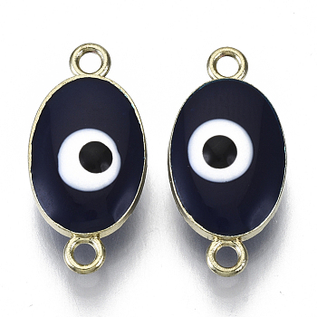 Alloy Enamel Links Connectors, Oval with Evil Eye, Light Gold, Prussian Blue, 22.5x11x6~7mm, Hole: 1.6mm