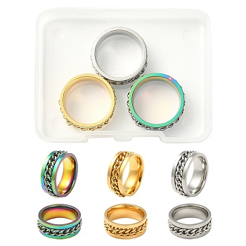 3Pcs 3 Colors 201 Stainless Steel Curb Chain Finger Rings Set for Women, Mixed Color, US Size 6 1/2(16.9mm), 1Pc/color