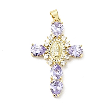 Rack Plating Brass Micro Pave Cubic Zirconia Pendants, Cadmium Free & Lead Free, Real 18K Gold Plated, Cross with Saint, Lilac, 45.5x29x6mm, Hole: 4x6mm