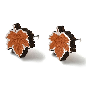 Wood Stud Earrings, with 316 Surgical Stainless Steel Pin, Thanksgiving Theme, Silver, Chocolate, Leaf, 16x14.5mm