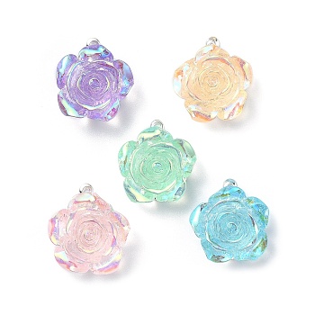 Mixed Color Resin Rose Pendants, with Iron Flower Filigree Findings, Silver, 16x15x7mm, Hole: 1mm
