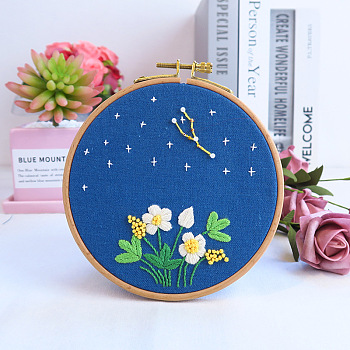 Flower & Constellation Pattern 3D Bead Embroidery Starter Kits, including Embroidery Fabric & Thread, Needle, Instruction Sheet, Taurus, 200x200mm