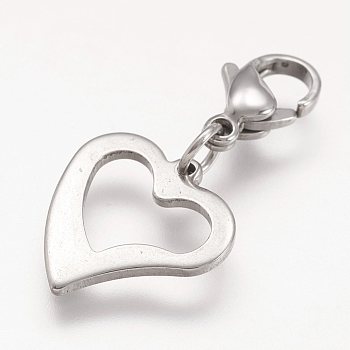 304 Stainless Steel Open Heart Pendants, Hollow, with Stainless Steel Lobster Claw Clasps, Stainless Steel Color, 30mm