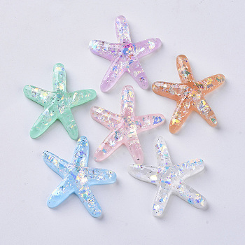 Resin Cabochons, with Paillette/Sequins, Starfish/Sea Stars, Mixed Color, 37.5x40x10mm