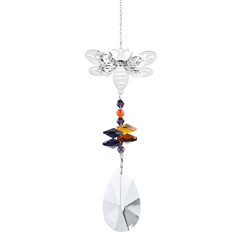 Teardrop Glass Hanging Suncatcher Pendant Decoration, Crystal Ceiling Chandelier Ball Prism Pendants, with Stainless Steel Findings, Bees, 350mm