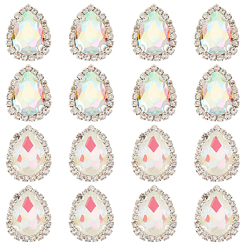 16Pcs 2 Colors Sew on Rhinestone, Multi-strand Links, Glass Rhinestone, with Platinum Tone Brass Prong Settings, Garments Accessories, Faceted, Teardrop, Mixed Color, 23x17.5x7mm, Hole: 1mm, 8pcs/color