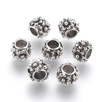 Cadmium Free & Nickel Free & Lead Free Alloy European Beads, Long-Lasting Plated, Large Hole Beads, Rondelle with Flower Pattern, Antique Silver, 10x7mm, Hole: 5mm