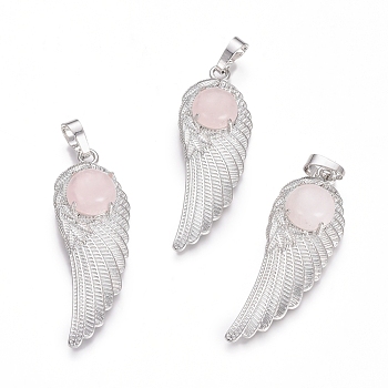 Natural Rose Quartz Pendants, with Platinum Tone Brass Findings, Wing, 47x16x7.5mm, Hole: 7x5mm
