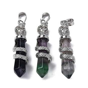 Natural Fluorite Pendants, Brass Charms, Lead Free & Cadmium Free, 46~47x11~12x11mm, Hole: 8x5mm