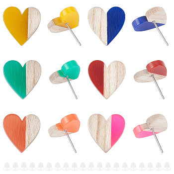 SUPERFINDINGS Resin & Wood Stud Earrings, with 304 Stainless Steel Pin, and Plastic Ear Nuts, Heart, Mixed Color, Earring: 15x14~15mm, Pin: 0.7mm, 12pairs/box