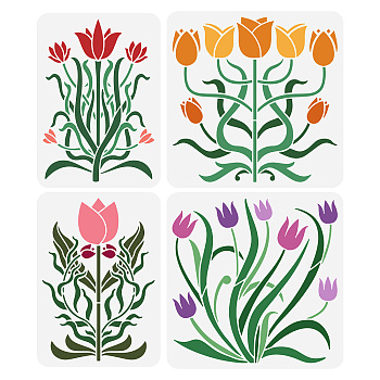 4Pcs 4 Styles PET Hollow Out Drawing Painting Stencils, for DIY Scrapbook, Photo Album, Tulip Pattern, 297~300x210~300mm, 1pc/style