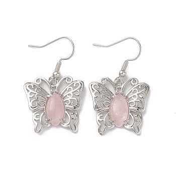 Natural Rose Quartz Butterfly Dangle Earrings for Women, Platinum Brass Jewelry for Women, Cadmium Free & Lead Free, 38mm, Pin: 0.6mm