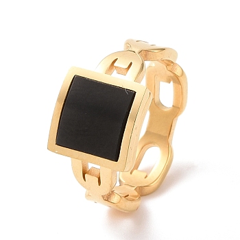 Black Acrylic Square Finger Ring, Ion Plating(IP) 304 Stainless Steel Jewelry for Women, Golden, US Size 6~9(16.5~18.9mm)